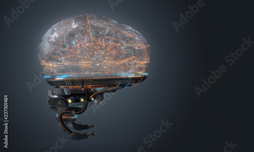 Cybernetic artificial robot brain AI futuristic conceptual design, 3d render