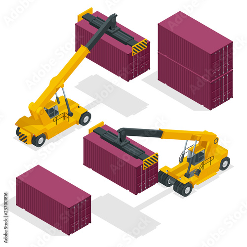 Isometric Mobile Container Handler in action at a container terminal. Crane lifts container handler Isolated vector illustration