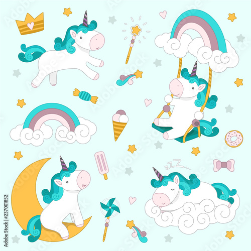 Set with unicorns, rainbow, ice cream and other sweets. Vector illustration.