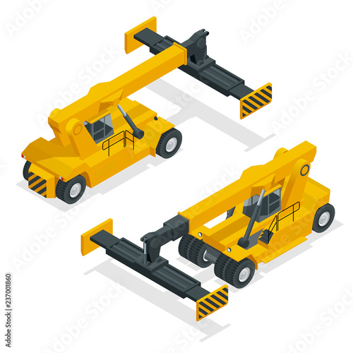 Isometric Mobile Container Handler in action at a container terminal. Crane lifts container handler Isolated vector illustration