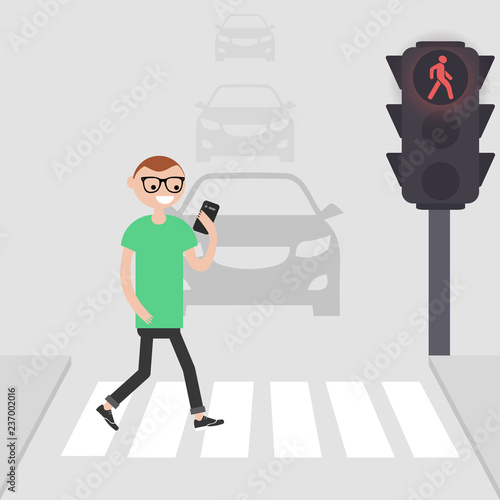 Young male character goes on a pedestrian crossing and looking into the phone.addicted to smartphone. Nomophobia. Flat vector illustration