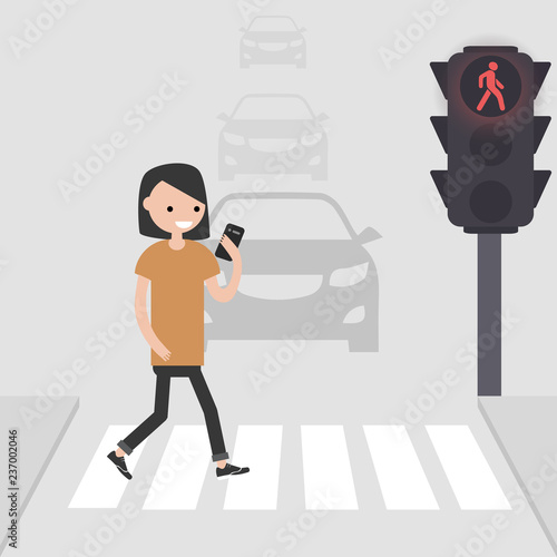 Young female character goes on a pedestrian crossing and looking into the phone.addicted to smartphone. Nomophobia. Flat vector illustration