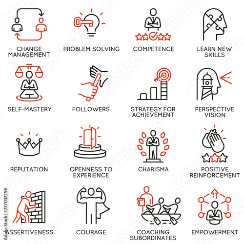 Vector set of linear icons related to skills, empowerment leadership development and qualities of a leader. Mono line pictograms and infographics design elements - part 6