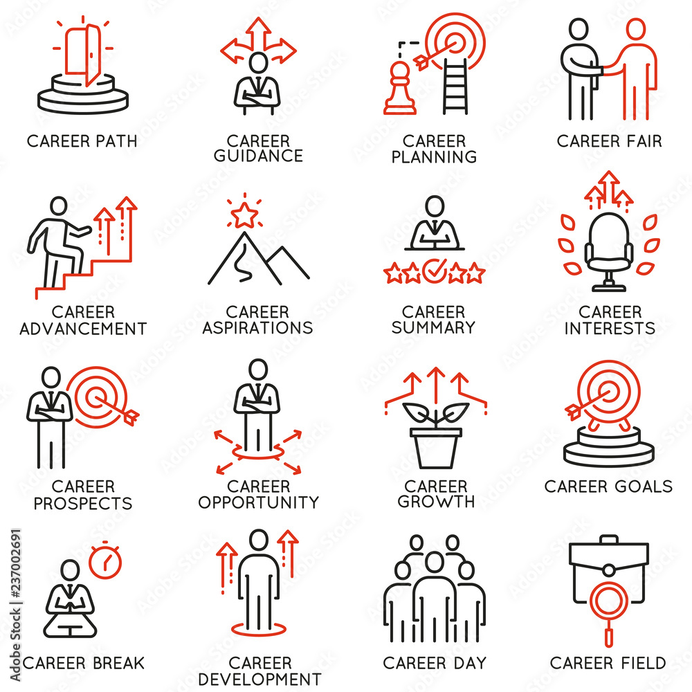Vector set of linear icons related to career development and advancement. Mono line pictograms and infographics design elements