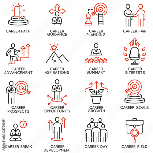Vector set of linear icons related to career development and advancement. Mono line pictograms and infographics design elements photo