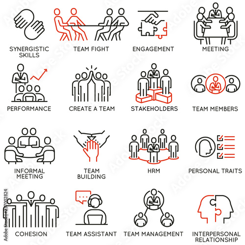 Vector set of linear icons related to business process, team work, human resource management and stakeholders. Mono line pictograms and infographics design elements - part 6