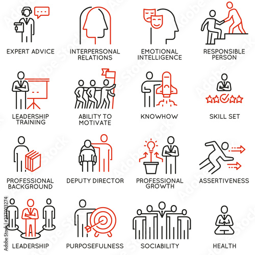 Vector set of linear icons related to skills  empowerment leadership development and qualities of a leader. Mono line pictograms and infographics design elements - part 6