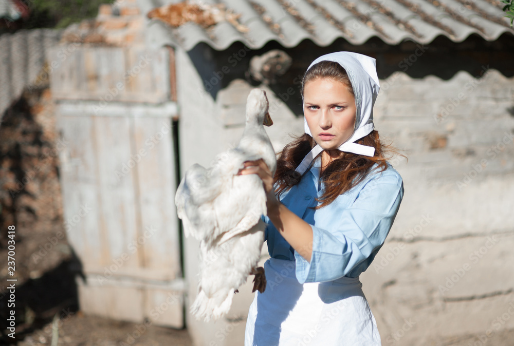 A woman in a village is holding a goose. Shooting in retro style.
