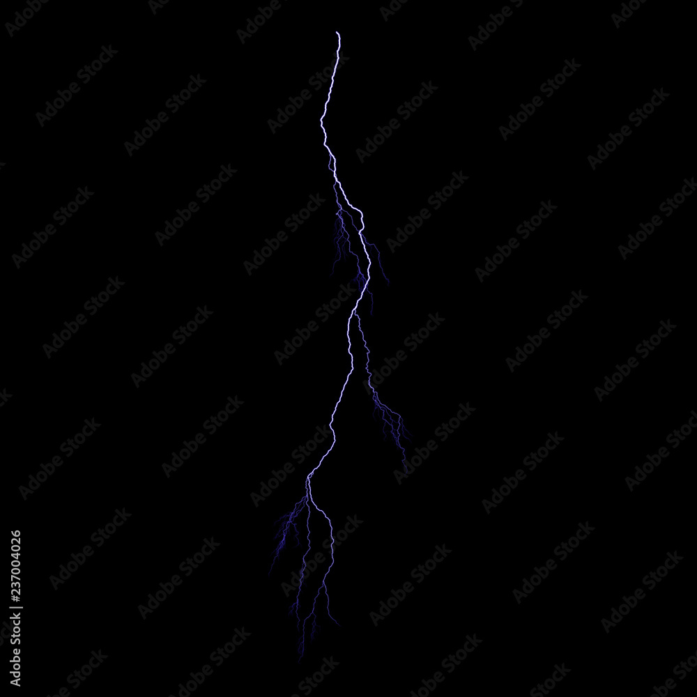 Isolated realistic violet electrical lightning strike visual effect on black night background. Energy change. Isolated realistic violet electrical lightning strike visual effect on black night background. Energy change.