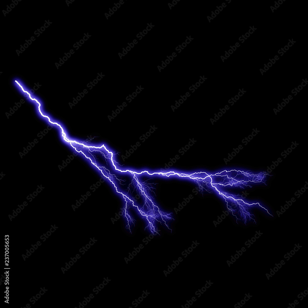  Isolated realistic violet electrical lightning strike visual effect on black night background. Energy change. 