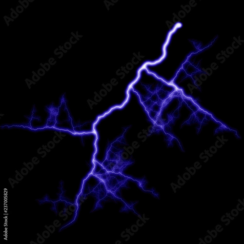  Isolated realistic violet electrical lightning strike visual effect on black night background. Energy change. 