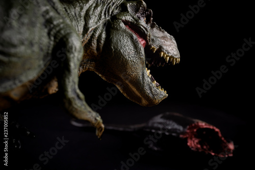 tyrannosaurus in front of a dinosaur body on dark background