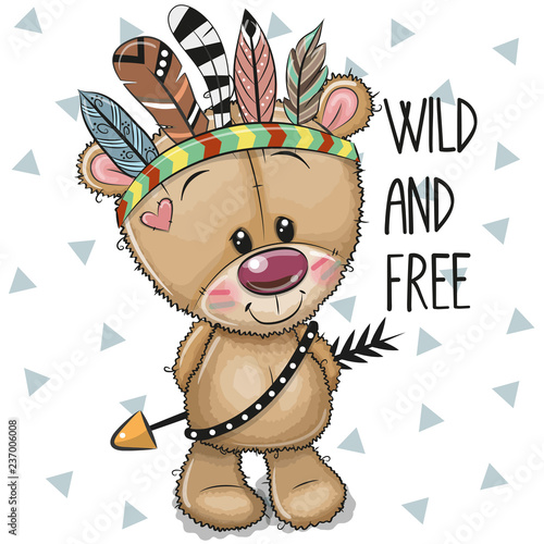 Cute Cartoon tribal Teddy Bear with feathers