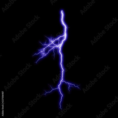  Isolated realistic violet electrical lightning strike visual effect on black night background. Energy change.  © artistmef