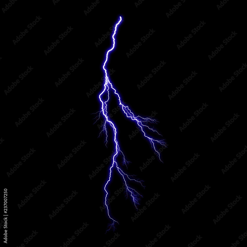Obraz premium Isolated realistic violet electrical lightning strike visual effect on black night background. Energy change. 