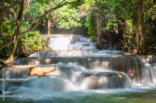 Waterfall flowing from the mountains at Huay Mae khamin waterfall National Park  Kanchana buri in Thailand.