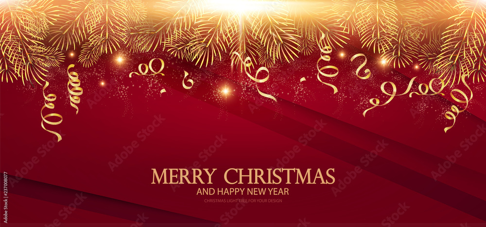 Merry Christmas Elegant Design Template. Gold Fir Tree Branches, Serpentine and Light Effect. Merry Christmas Elegant Design Template. Gold Fir Tree Branches, Serpentine and Light Effect.
