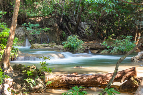 Waterfall flowing from the mountains at Huay Mae khamin waterfall National Park ,Kanchana buri in Thailand.
