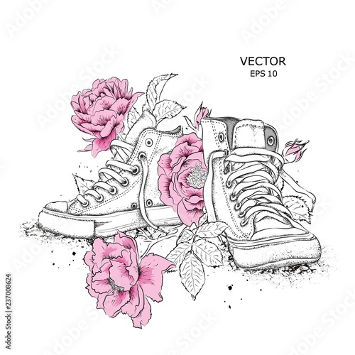 Floral background of peonies and shoes. Drawn sneakers in beautiful colors. Delicate print for women's clothing, notebooks and more. Vector illustration