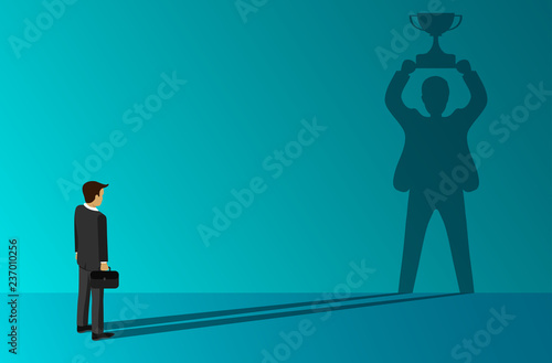 businessmen which a shadow standing holding a trophy of success on the wall. advancement and career growth on blue background. creative idea. cartoon vector illustration