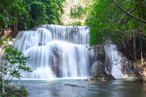 Waterfall flowing from the mountains at Huay Mae khamin waterfall National Park  Kanchana buri in Thailand.