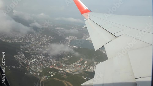 Flying out of the island of St Maarten, Caribbean. Town of Philipsburg below.