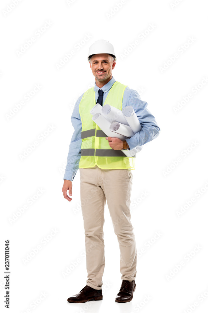 handsome engineer looking at camera and holding blueprints isolated on white handsome engineer looking at camera and holding blueprints isolated on white