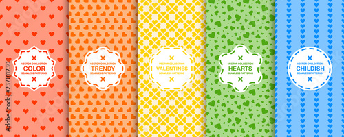 Set of vector colorful seamless patterns with hearts. Cute vibrant backgrounds for Valentines day or any romantic design