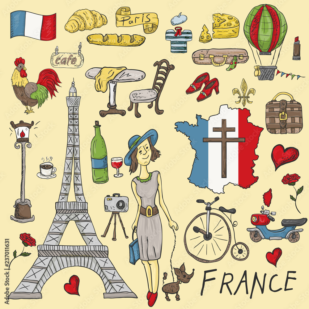 Obraz premium color illustration travel to Europe France, symbols and attractions, set of drawings, print design and web design