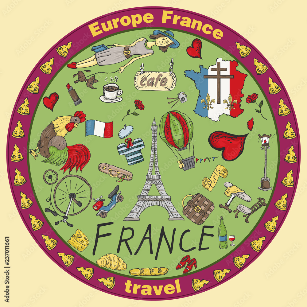 Fototapeta premium color illustration travel_5_to Europe France, symbols and attractions, set of drawings, print design and web design