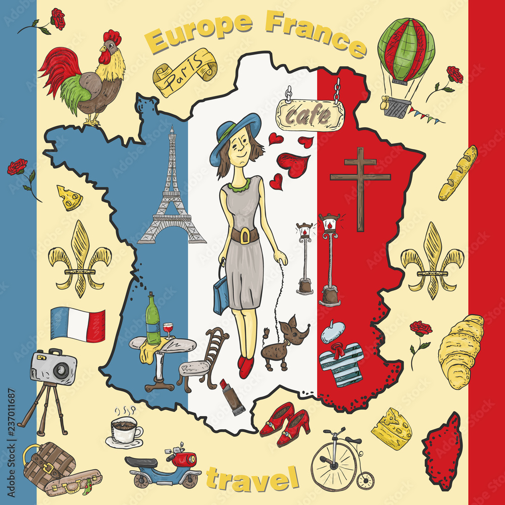 Obraz premium color illustration travel_9_to Europe France, symbols and attractions, set of drawings, print design and web design