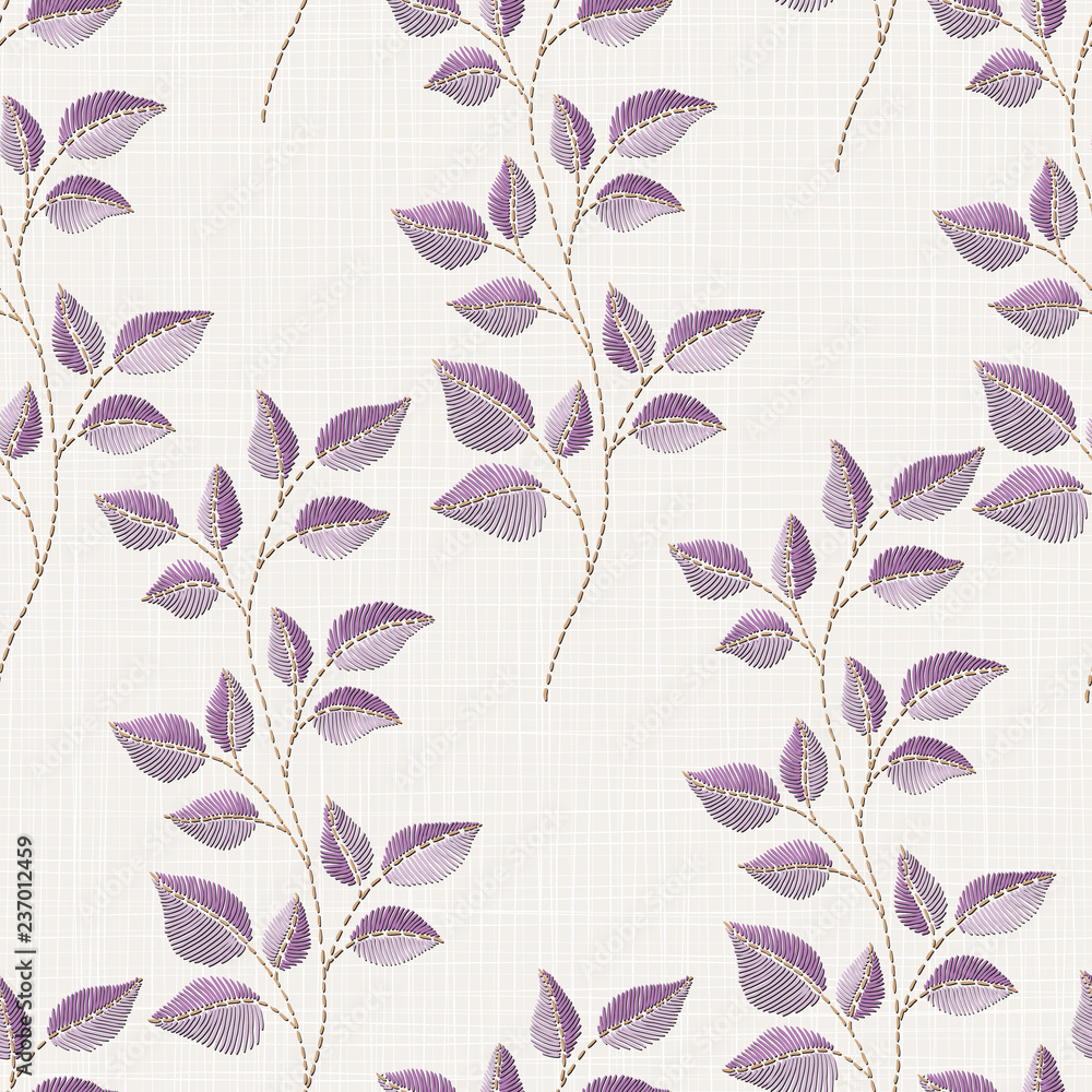 Fototapeta premium Embroidery floral seamless pattern on linen cloth texture