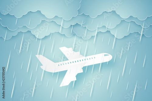 Airplane flying through a heavy rain , paper art style