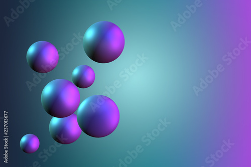 Multicolored decorative balls flying on abstract futuristic background in empty space. Blue, green, fuchsia color, 3d render. © lara-sh