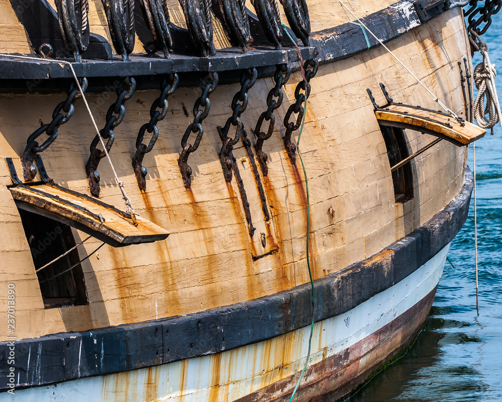 Open ports and rigging on the Mayflower in Plymouth Harbor