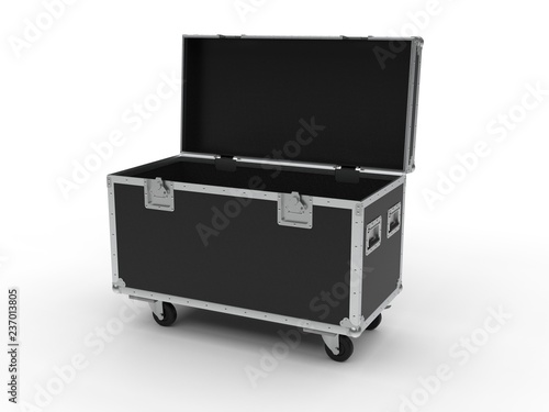 Black opened simple flight case on white background. 3D render