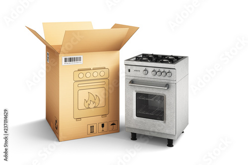 Shopping, purchase and delivery concept, cardboard box package and gas stove isolated on white photo