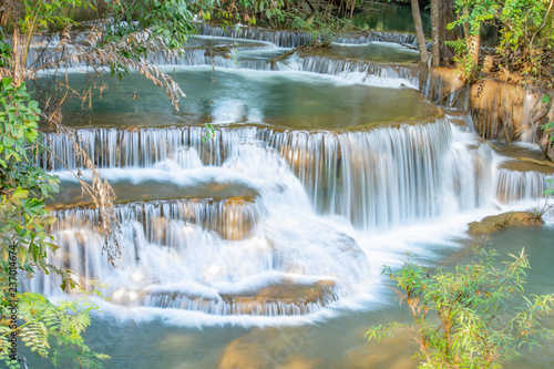 Waterfall flowing from the mountains at Huay Mae khamin waterfall National Park  Kanchana buri in Thailand.