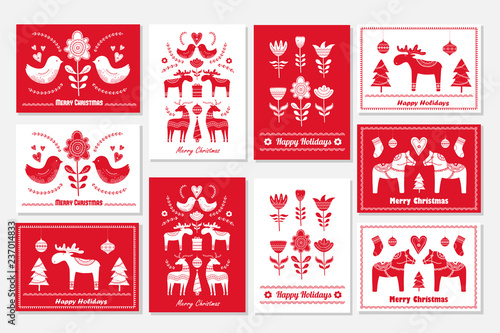 Set of Christmas hand drawn greeting cards in Scandinavian styl
