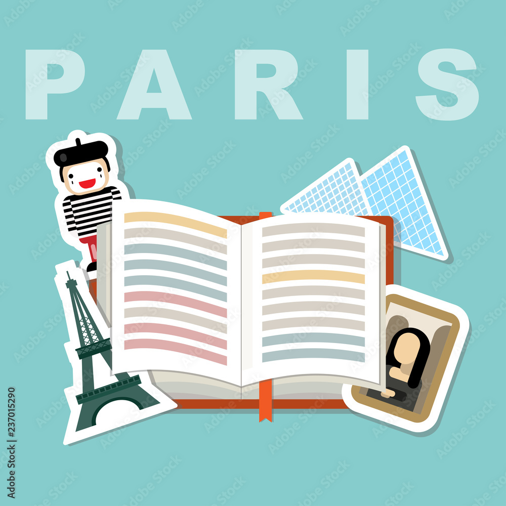 illustration of history book with stickers of Paris famous attributes