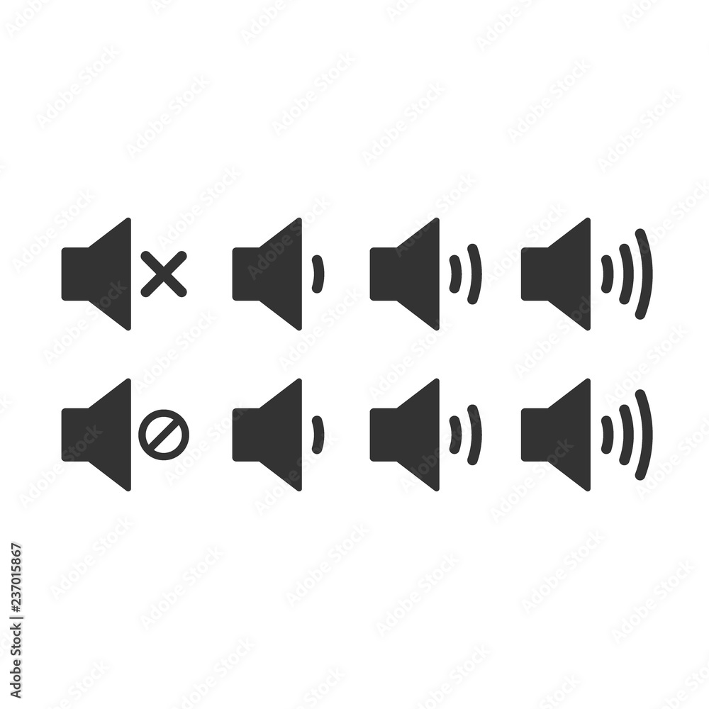 An icon that increases and reduces the sound. Icon showing the mute. A set of sound icons with different signal levels in a flat style. Vector. An icon that increases and reduces the sound. Icon showing the mute. A set of sound icons with different signal levels in a flat style. Vector.