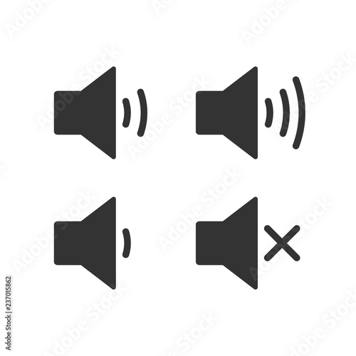 An icon that increases and reduces the sound. Icon showing the mute. A set of sound icons with different signal levels in a flat style. Vector.