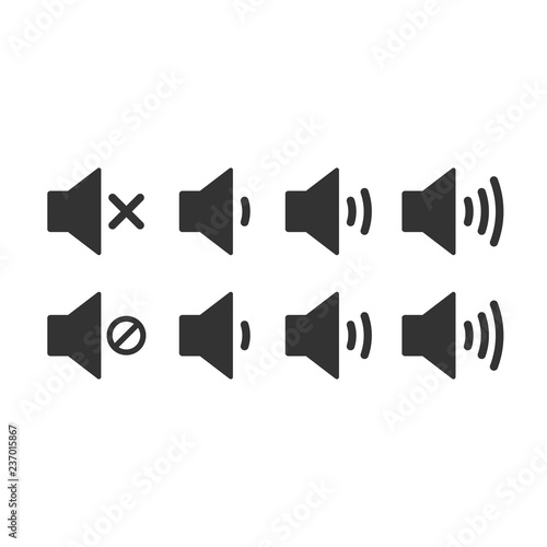 An icon that increases and reduces the sound. Icon showing the mute. A set of sound icons with different signal levels in a flat style. Vector.