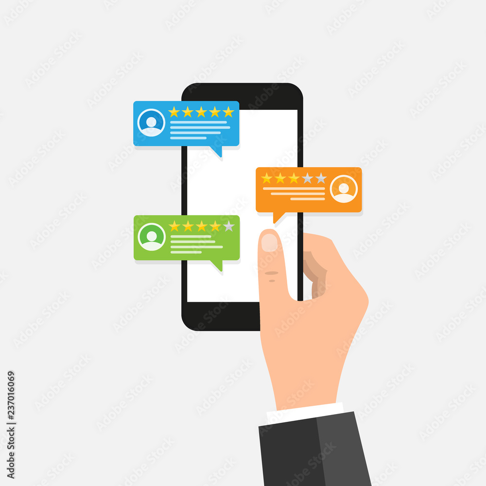 Hand holding mobile smart phone with review rating. Reviews stars with good and bad rate and text, concept of testimonials messages, notifications, feedback. Hand holding mobile smart phone with review rating. Reviews stars with good and bad rate and text, concept of testimonials messages, notifications, feedback.