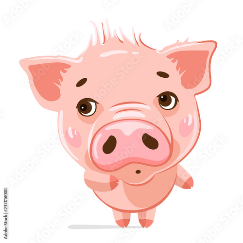 Cute little pig. Cartoon vector character.  Vector illustration of cute funny emoji characters.  Shy characters. Stickers. Flat style.