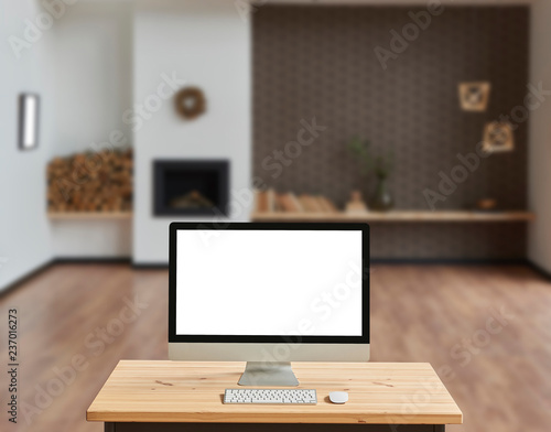 Desktop on the wooden desk, wood detail background blur decor.