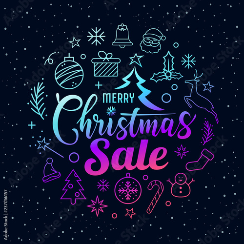 Merry Christmas sale message with icons purple circle shape on star and black background, vector illustration