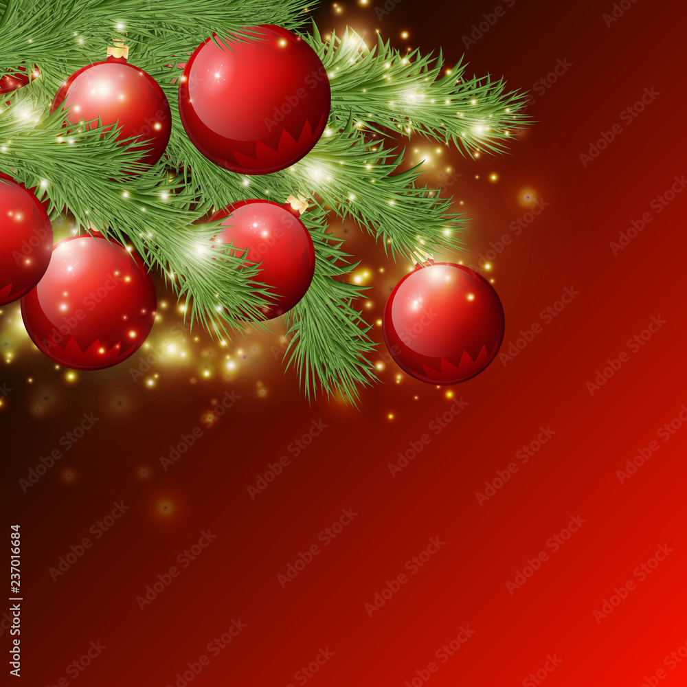 Red shiny background with Christmas decorations, decorative spruce branches, golden stars , holiday Merry X-mas and Happy New Year, illustration.eps 10