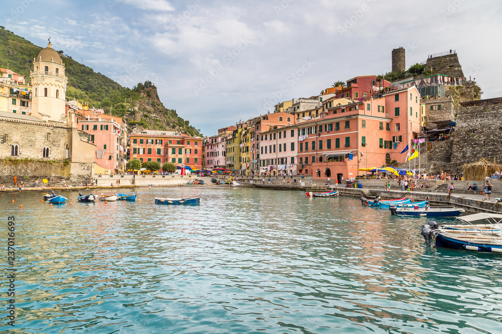 Vernazza fishing village. Fishing boats. Scenic Vernazza village, beautiful place in Cinque Terre, Italy