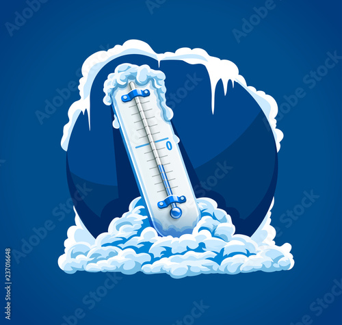 Winter frost. Cold weather. Thermometer with low temperature